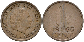 Нидерланды 1 цент 1966 Юлиана (1948-1980), большая дата КМ 180 бронза    4602-459