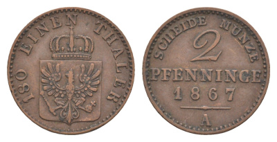 Пруссия 2 пфеннига 1867 A, Вильгельм I (1861-1888) KM 481, Jaeger 51, AKS 107, Olding 425 медь 4651-241