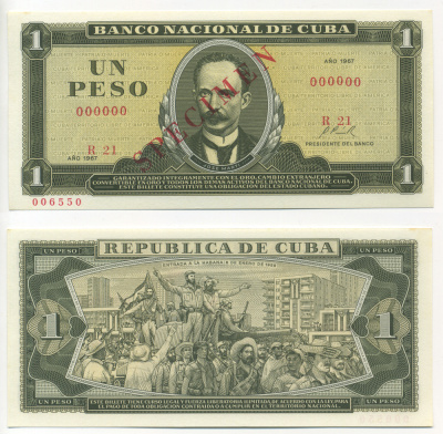 КУБА 1 ПЕСО 1967 SPECIMEN, ДИАГОНАЛЬНАЯ КРАСНАЯ НАДПЕЧАТКА, СЕРИЯ R21, НОМЕР 000000 Pick 102s бумага UNC (ПРЕСС) 00-00-00