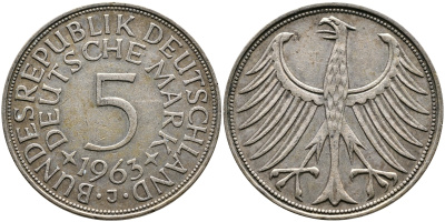 ФРГ 5 марок 1963 J, J. 387, KM 112.1 серебро 4389-325