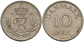 Дания 10 эре 1949 N; S, Фредерик IX (1947-1972) KM 841 медно-никель 4154-1166