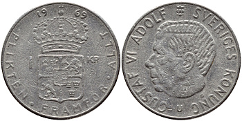 Швеция 1 крона 1969 Густав VI Адольф (1950-1973) KM 826a медь плакированная медно-никелем 4388-632