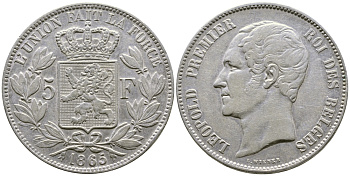 Бельгия 5 франков 1865 Леопольд I (1831-1865) KM 17 серебро 00-1067-6-11