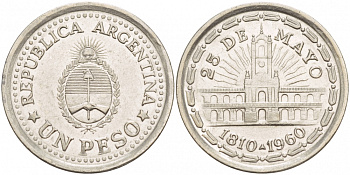 Аргентина 1 песо 1960 150 лет свержения Испанского вице-короля (1810-1960) KM 58 сталь плакированная никелем 4548-344