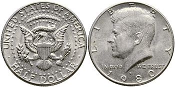 США 1/2 ДОЛЛАРА ( 50 ЦЕНТОВ ) 1980 D, ДЖОН КЕННЕДИ KM А202b медь плакированная медно-никелем 1523-445