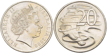 АВСТРАЛИЯ 20 ЦЕНТОВ 2000 ЕЛИЗАВЕТА II (1952-), УТКОНОС KM 403 медно-никель 4185-231