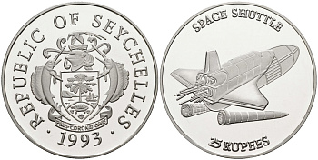 Сейшельские острова 25 рупий 1993 космический корабль, шаттл, тираж 10000 экз. KM 68 серебро PROOF 1095-10-42