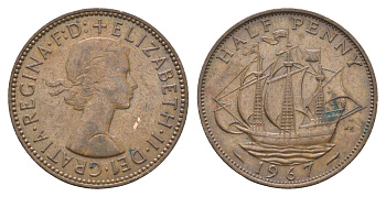 Великобритания 1/2 пенни 1967 Елизавета II (1952-2022) KM 896, Spink 4158 бронза 4663-136