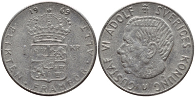 Швеция 1 крона 1969 Густав VI Адольф (1950-1973) KM 826a медь плакированная медно-никелем 4388-632