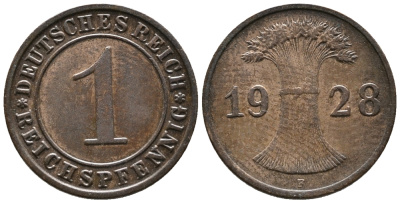 ГЕРМАНИЯ 1 РЕЙХСПФЕННИГ 1928 F KM 37, J. 313 бронза 39-965