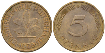 ФРГ 5 пфеннигов 1978 D KM 107, J. 382 сталь плакированная латунью 4514-956
