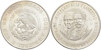 Мексика 10 песо 1960 Мо, 150 лет войне за независимость Мексики, Идальго и Марелос KM 476 серебро 443-1415
