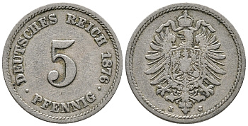 ГЕРМАНИЯ 5 ПФЕННИГОВ 1876 J, СТАРОГЕРБОВКА KM 3, J. 3 медно-никель 39-368
