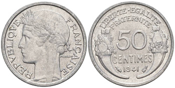 ФРАНЦИЯ 50 САНТИМОВ 1941 ТИП MORLON LOURDE KM 894.1a, LE FRANC 193.2 алюминий 44-264