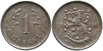 ФИНЛЯНДИЯ 1 МАРКА 1946 S KM 30b железо 3334-645