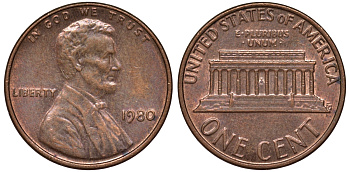 США 1 цент 1980 Авраам Линкольн KM 201 медь цинк 4532-155