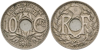 Франция 10 сантимов 1918 тип Линдайё KM 866a, Le Franc 138.3 медно-никель 4143-841