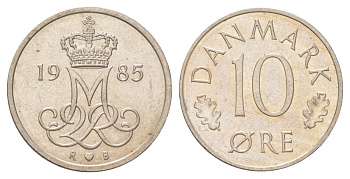 Дания 10 эре 1985 R; B, Маргрете II (1972-2024) KM 860.3 медно-никель UNC 4627-854