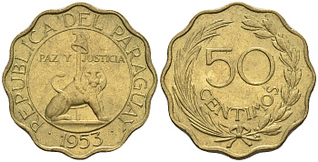 Парагвай 50 сентимо 1953 лев, фригийский колпак на шесте KM 28 алюминиевая бронза  aUNC  4176-832