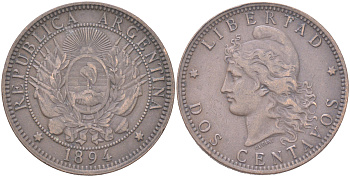 Аргентина 2 сентаво 1894 KM 33 бронза 4394-1143