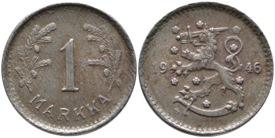 ФИНЛЯНДИЯ 1 МАРКА 1946 S KM 30b железо 3334-645