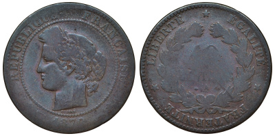 Франция 10 сантимов 1870 А, третья республика (1870-1941) KM 815, Le Franc 135.4 бронза 4123-322