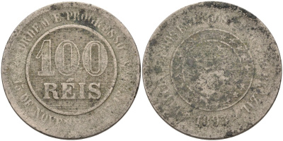 Бразилия 100 рейс 1893 KM 492 медно-никель 4589-1023