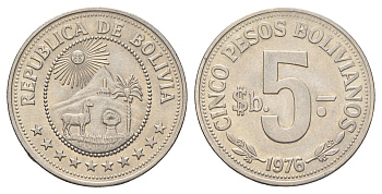 Боливия 5 песо 1976 KM 197 сталь плакированная никелем 4662-531