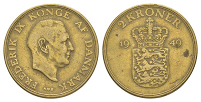 Дания 2 кроны 1949 N, Фредерик IX (1947-1972) KM 838 алюминиевая бронза 4634-525
