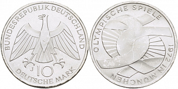 ФРГ 10 марок 1972 J, XX летние Олимпийские игры 1972 года в Мюнхене, символика KM 131, J.402 серебро UNC 4127-121