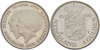 Нидерланды 1 гульден 1980 на коронацию Беатрикс, 30 апреля 1980 KM 200 никель 31-845