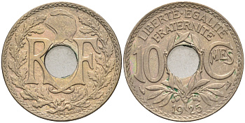 Франция 10 сантимов 1925 тип Линдайё KM 866а медно-никель 4116-453