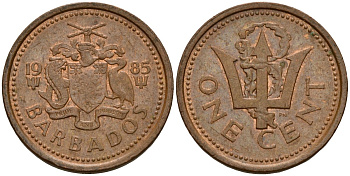 Барбадос 1 цент 1985 FM, сломанный трезубец Британии KM 10 бронза 4158-651