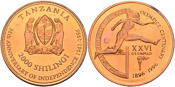 Танзания 2000 шиллингов 1996 XXVI Олимпийские игры 1996 года в Атланте, 100 лет Олимпейскому движению, бег с барьером, пробник, рубчатный гурт медь PROOF 04-323-22
