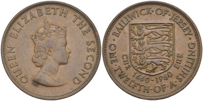 Джерси 1/12 шиллинга 1960 Елизавета II (1952-2022), 300 лет вступления на престол короля Карла II KM 23 бронза 4368-514