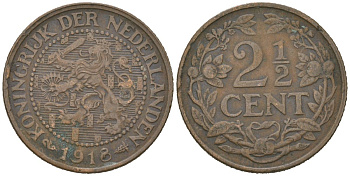 Нидерланды 2 1/2 цента 1918 Вильгельмина (1890-1948) KM 150 бронза 4582-1224
