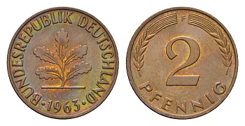 ФРГ 2 пфеннига 1963 F KM 106, J. 381 бронза 4682-1067