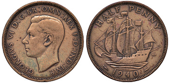 Великобритания 1/2 пенни 1940 Георг VI (1936-1952) KM 844, Spink 4115 бронза 4122-752
