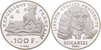 Франция 100 франков - 15 экю 1991 Декарт KM 1002 серебро PROOF 1074-6-63