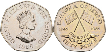 Джерси 50 пенсов 1985 40 лет освобождения KM 63 медно-никель UNC 4583-545