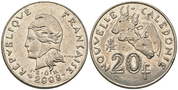 Французская Новая Каледония 20 франков 2008 три быка, (IEOM) KM 12a, Schoen 14a, Lec 115j медно-никель 81-1146