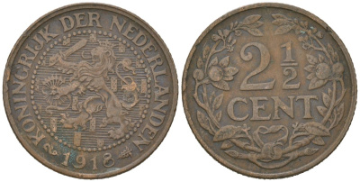 Нидерланды 2 1/2 цента 1918 Вильгельмина (1890-1948) KM 150 бронза 4582-1224