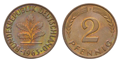 ФРГ 2 пфеннига 1963 F KM 106, J. 381 бронза 4682-1067