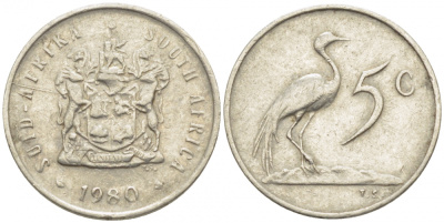 ЮАР 5 центов 1980 герб, райский журавль KM 84 никель 105-1029