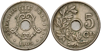 Бельгия 5 сантимов 1905 Belgen KM 55 медно-никель    4598-848