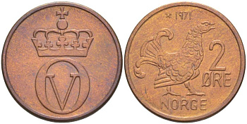 НОРВЕГИЯ 2 ЭРЕ 1971 КУРИЦА, ОЛАВ V (1957-1991) KM 410 бронза 4519-726