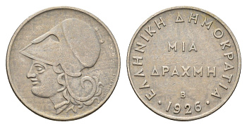 Греция 1 драхма 1926 Афина в коринфском шлеме, год-тип KM 69 медно-никель 4670-121