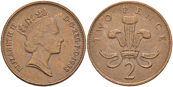 Великобритания 2 пенса 1988 Елизавета II (1952-2022) KM 936, Spink 4376 (C3) бронза 4593-841