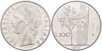 ИТАЛИЯ 100 ЛИР 1974 R, АФИНА У ОЛИВКОВОГО ДЕРЕВА KM 96.1 нержавеющая сталь 4545-711