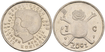 Нидерланды 1 гульден 2001 прощай гульден, детский рисунок, лев с флагом в руках KM 233 никель 4563-115